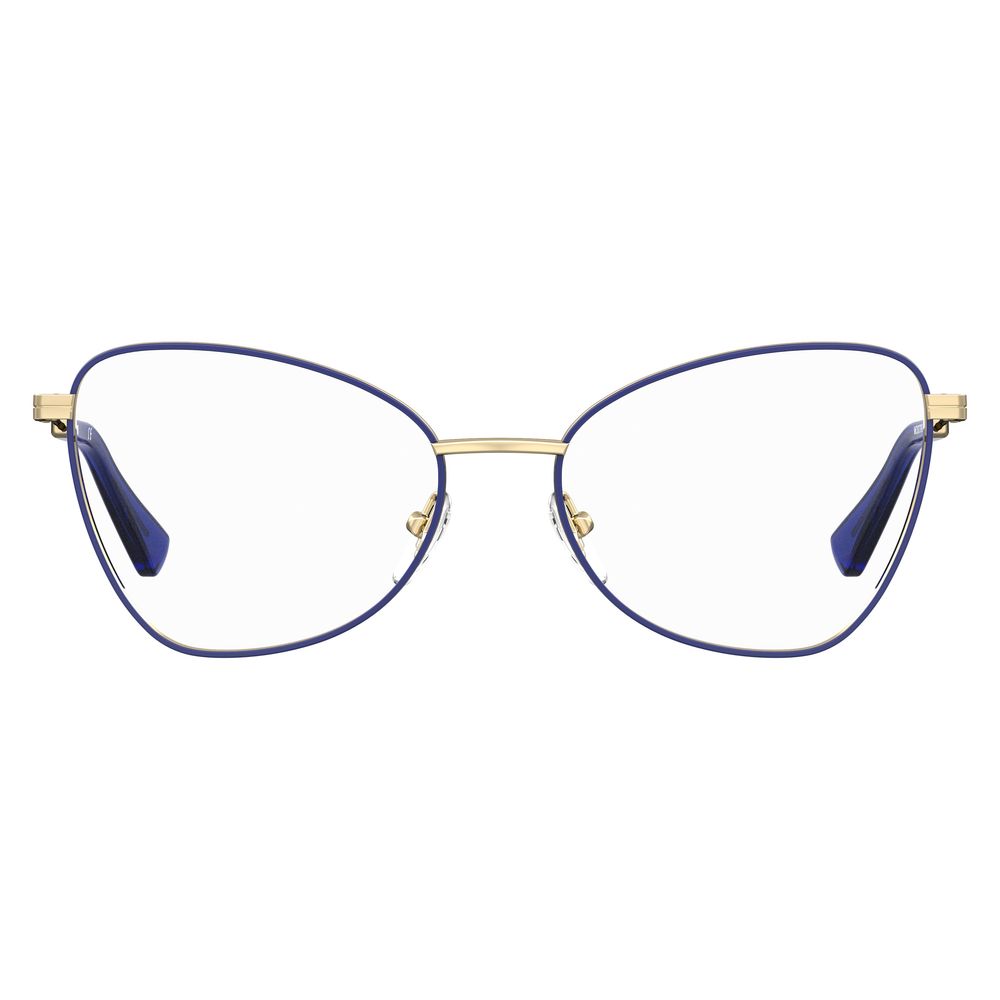 Front view of Moschino Blue Metal Glasses (Frames) in blue with a gold bridge, featuring a lens/bridge/temple size of 52/16/140 mm.