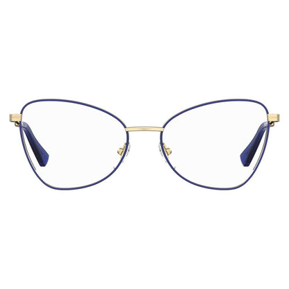 Front view of Moschino Blue Metal Glasses (Frames) in blue with a gold bridge, featuring a lens/bridge/temple size of 52/16/140 mm.
