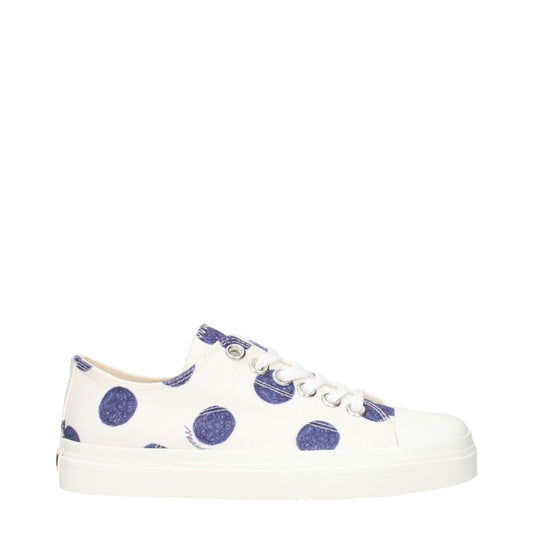 Moschino White Fabric Low Top Sneakers with navy polka dots and back logo design.