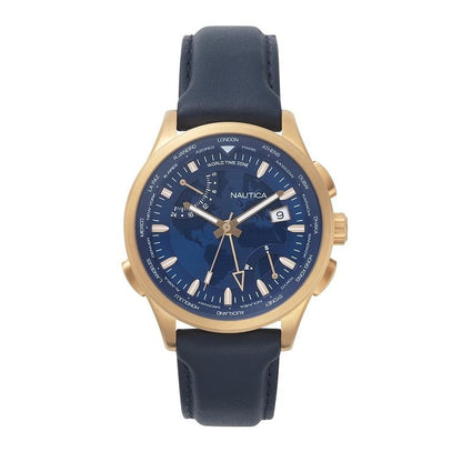 NAUTICA Mod. NAPSHG002 men's quartz analog wristwatch with mineral dial, 44 mm gold case, blue strap, water resistant 10 ATM.