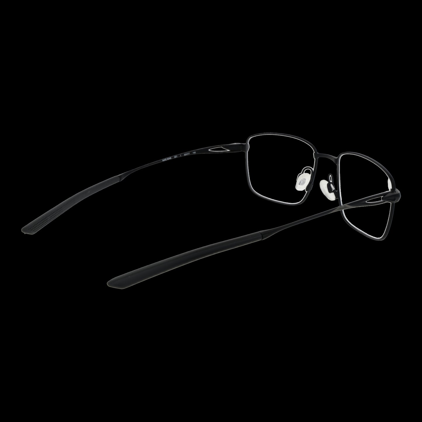 Black rectangular men's eyewear, NIKE MOD. NK6046 53001, designed for gent. Side and front view on a black background.