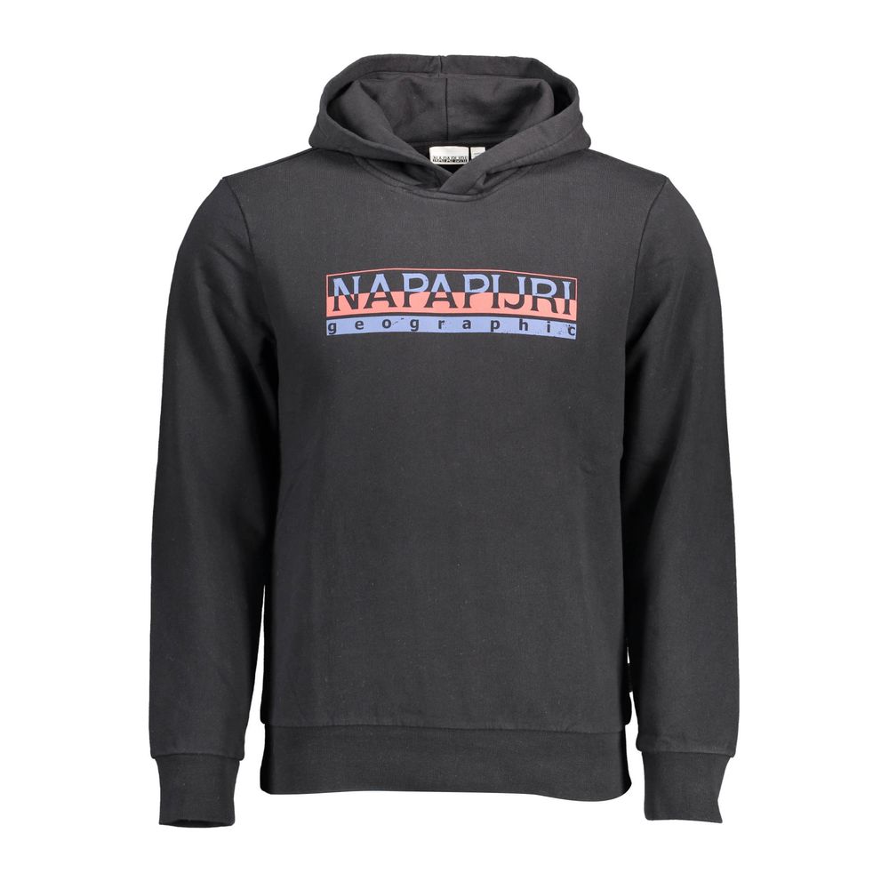 Napapijri Black Cotton Men Hoodie with iconic logo print; perfect for urban style and comfort.