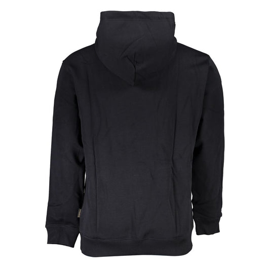 Napapijri Black Cotton Sweater with hood, loose fit, central pocket, and logo print.