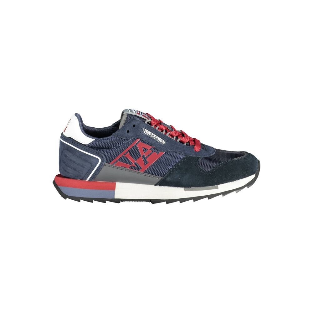 Napapijri Blue Leather Men Sneaker with contrasting red laces and designer logo, ideal for style and comfort.