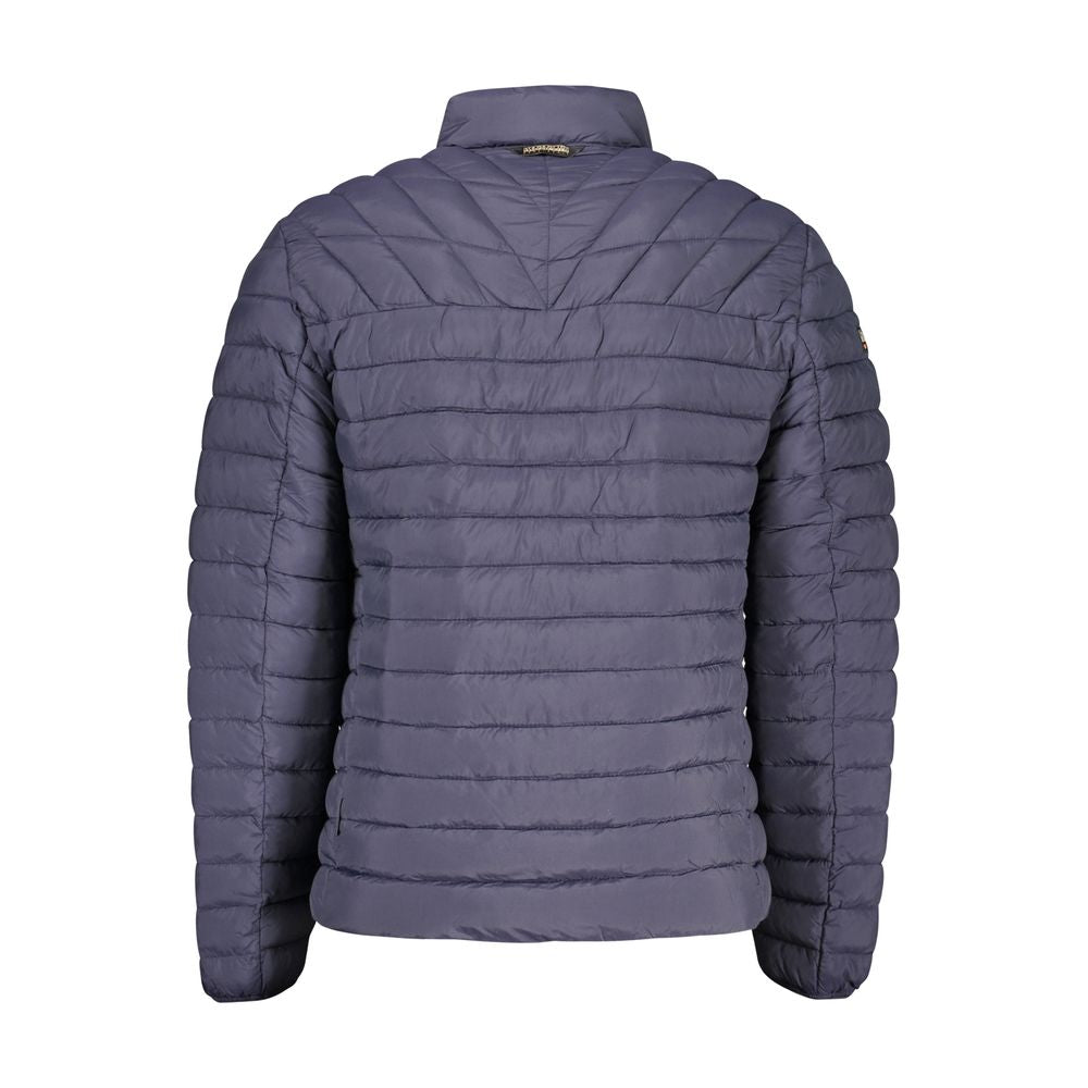 Back view of Napapijri Blue Polyamide Men Jacket with long sleeves and structured silhouette.