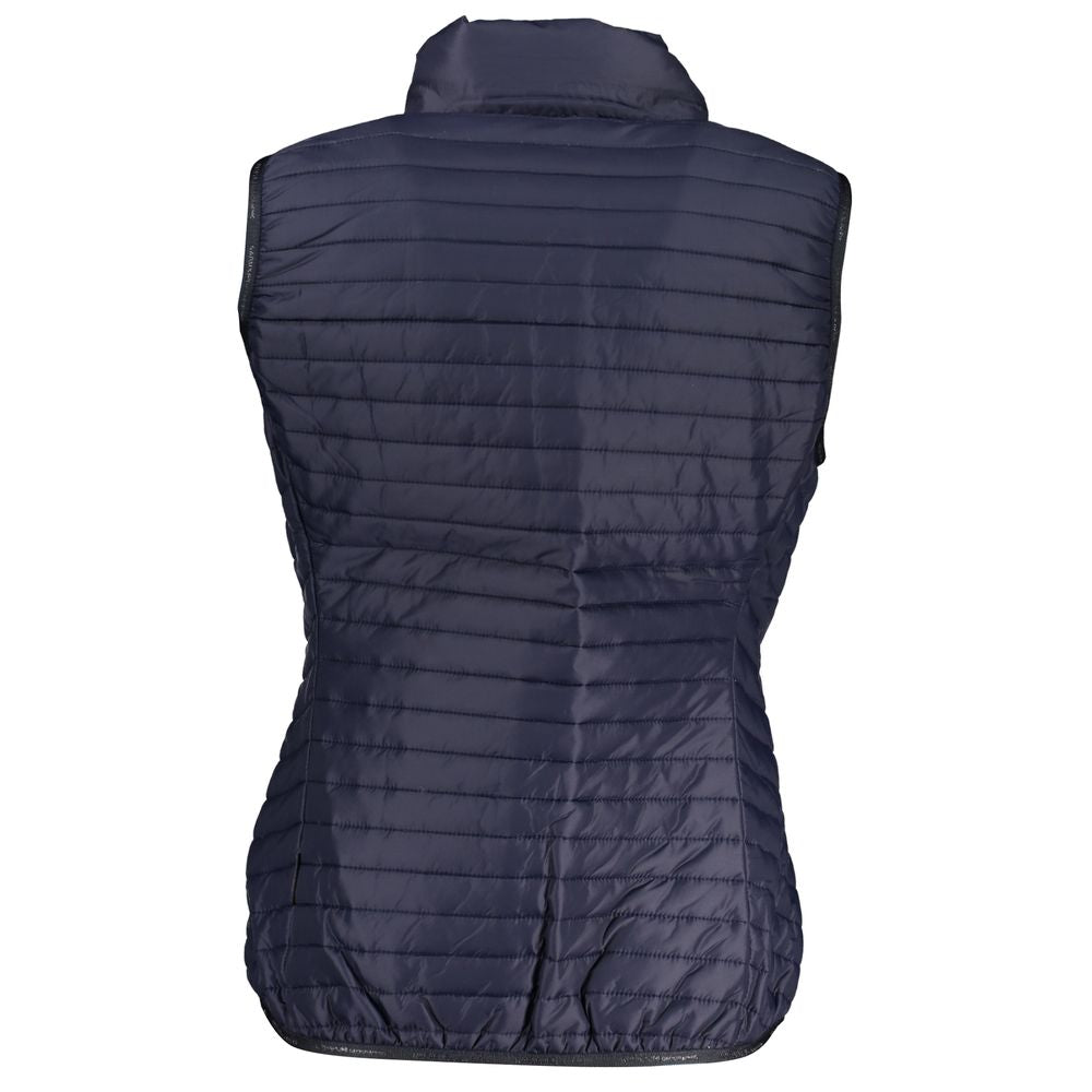 Back view of Napapijri Blue Polyester Women's Jacket, sleeveless design, showcasing quilted texture for stylish layering.