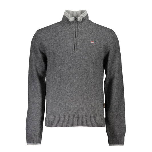 Napapijri Gray Fabric Sweater long sleeve, regular fit, half zip with contrast details and logo embroidery.