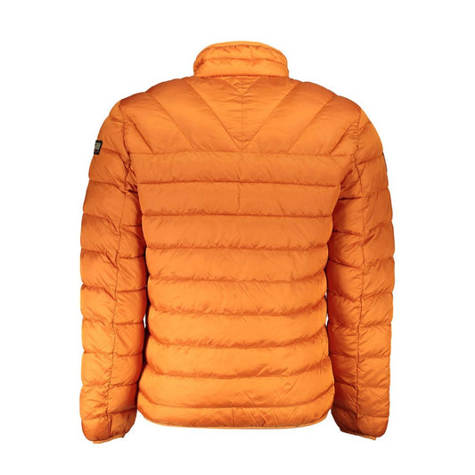 Back view of Napapijri Orange Polyamide Jacket with long sleeves, logo, and multiple pockets