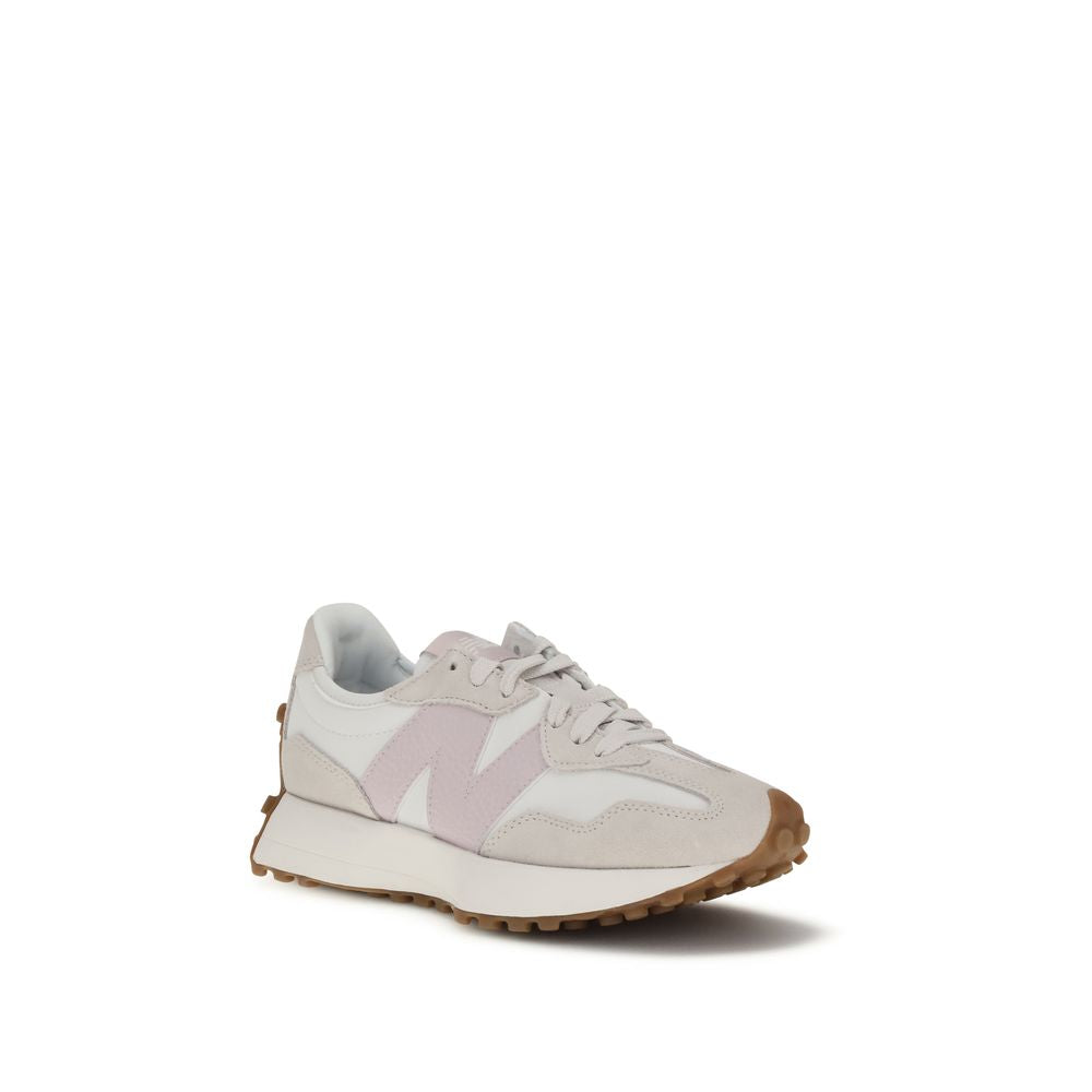 New Balance Beige Polyamide Athletic Sneakers showcasing mesh upper with leather details, lace-up closure, and iconic monogram.