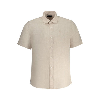 North Sails Beige Linen Shirt with short sleeves, Italian collar, and logo embroidery, designed with ocean-positive materials.
