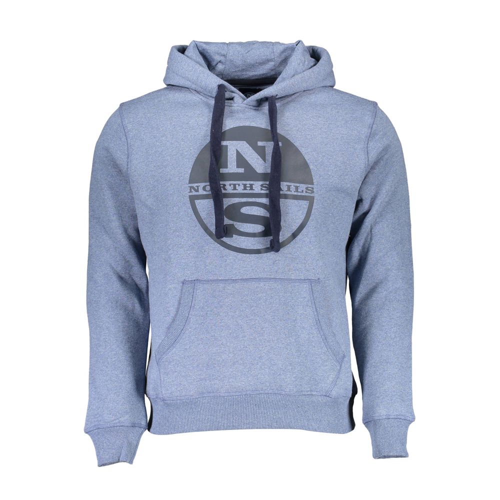 North Sails Blue Cotton Men Sweater with hood and iconic logo print, perfect for casual style and comfort.