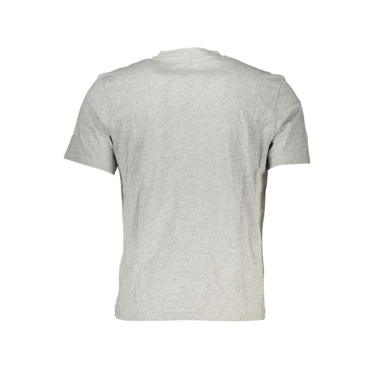 Back view of a plain grey men's T-shirt on white background