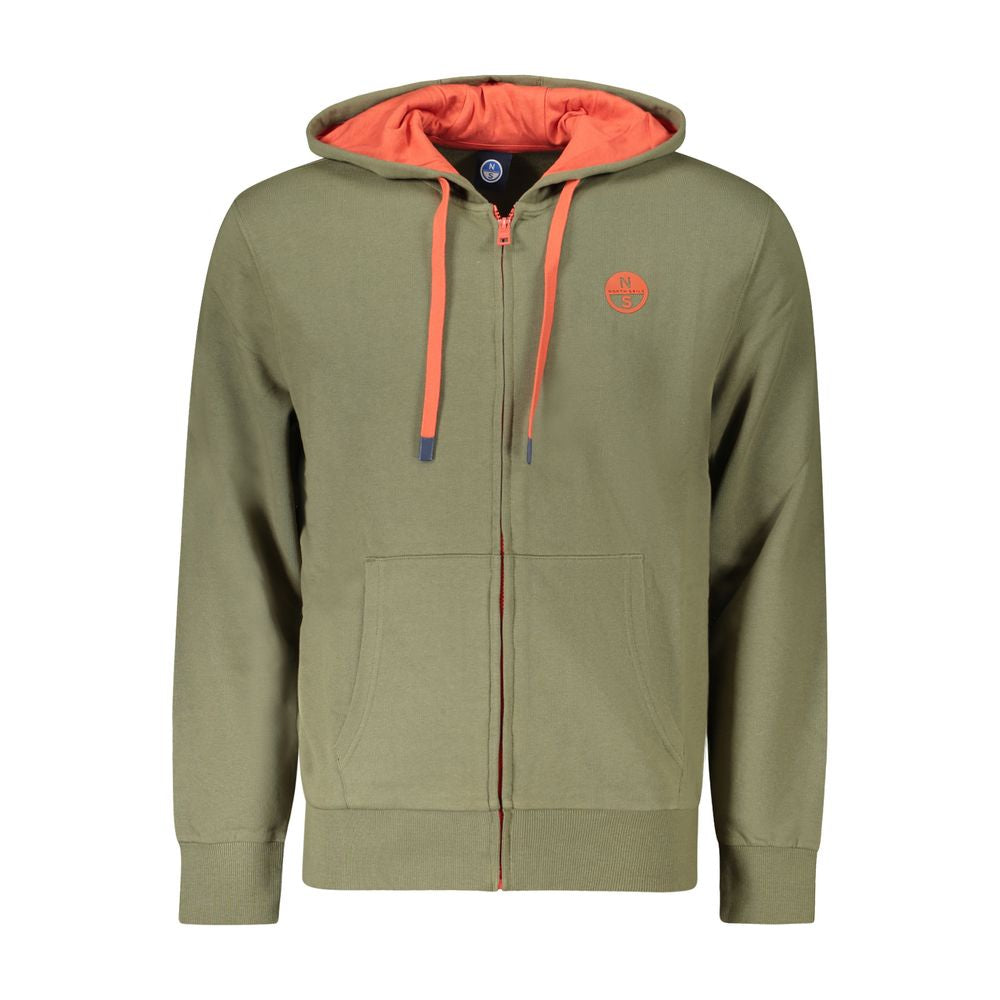 North Sails Green Cotton Men's Hooded Sweater with zip and logo, featuring orange lining and pockets.