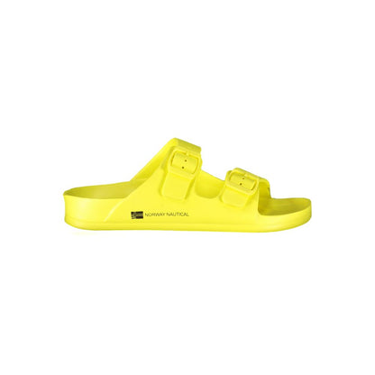 Norway 1963 Yellow Plastic Women Sandal with bold buckles and iconic logo, featuring retro-modern design for style and comfort.