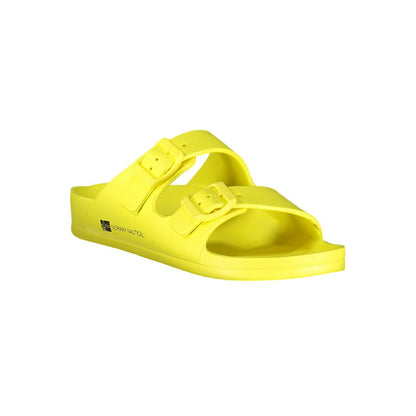 Norway 1963 Yellow Plastic Women Sandal with bold buckles and iconic logo, offering retro-modern style and durable construction.