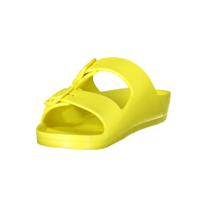 Norway 1963 Yellow Plastic Women Sandal with bold buckles and eye-catching print design.
