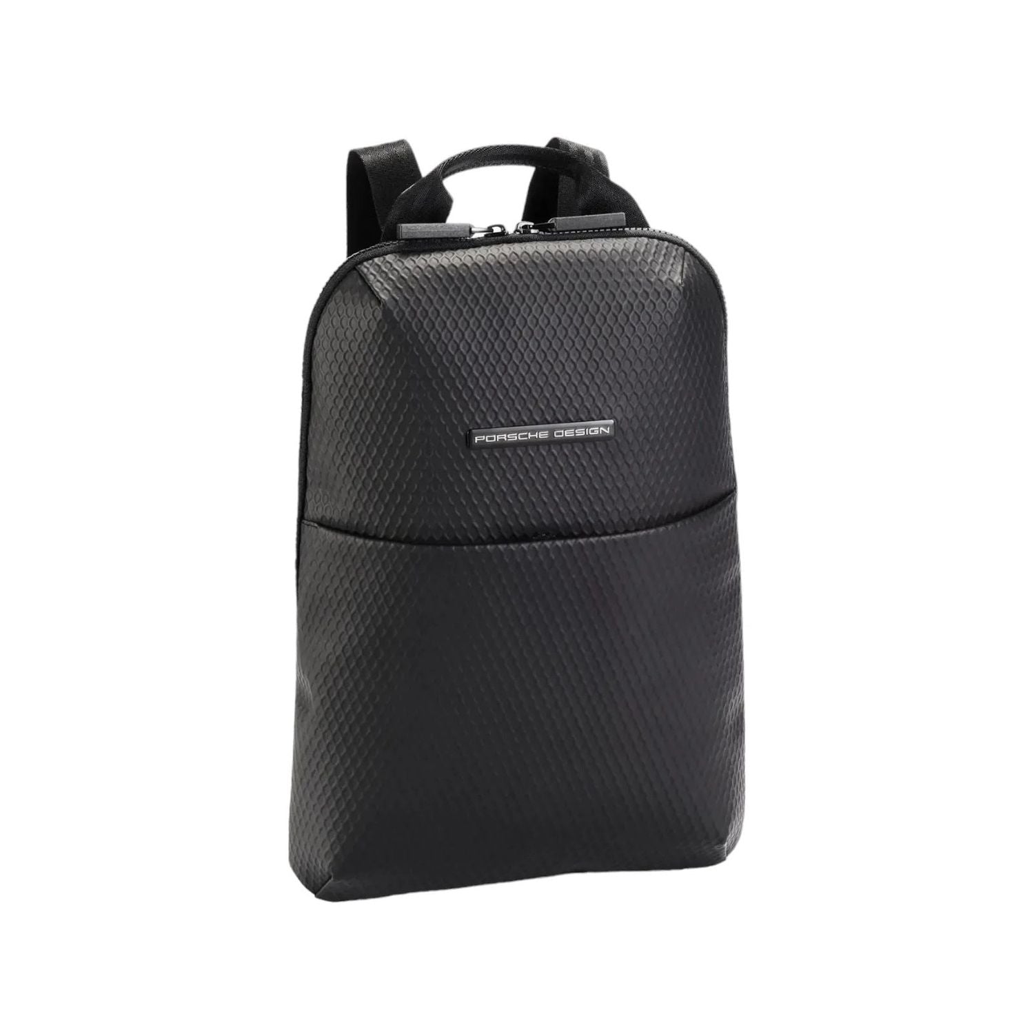 Front view with bag zipped and handles upright.