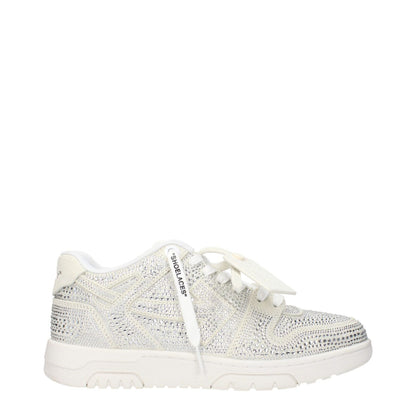 Off-White Beige Leather Low Top Sneakers with logos, rhinestones, and unique design, side view on white background.