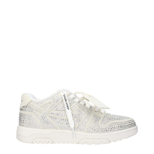 Off-White Beige Leather Low Top Sneakers with logos, rhinestones, and unique design, side view on white background.