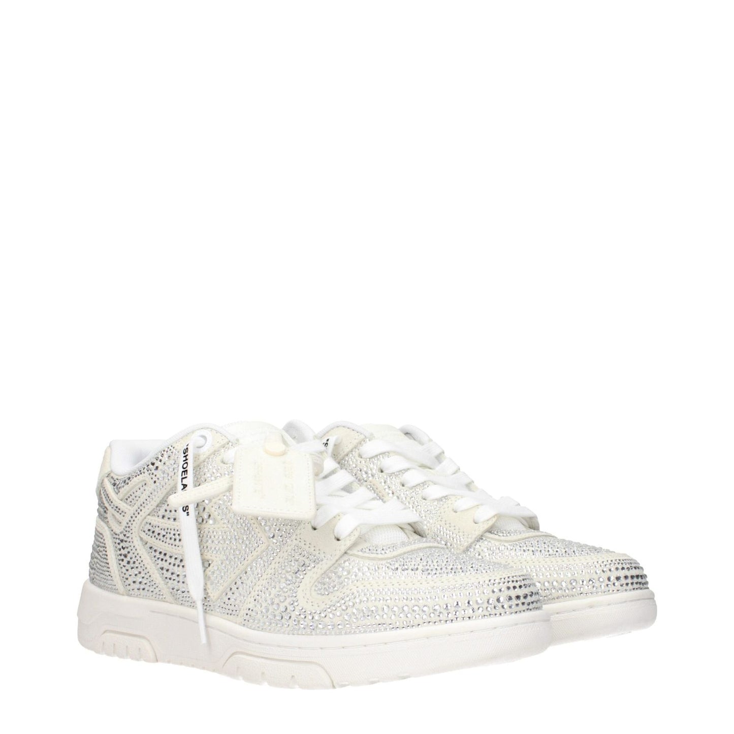 Off-White Beige Leather Low Top Sneakers with rhinestones, featuring logos on front, side, and back.