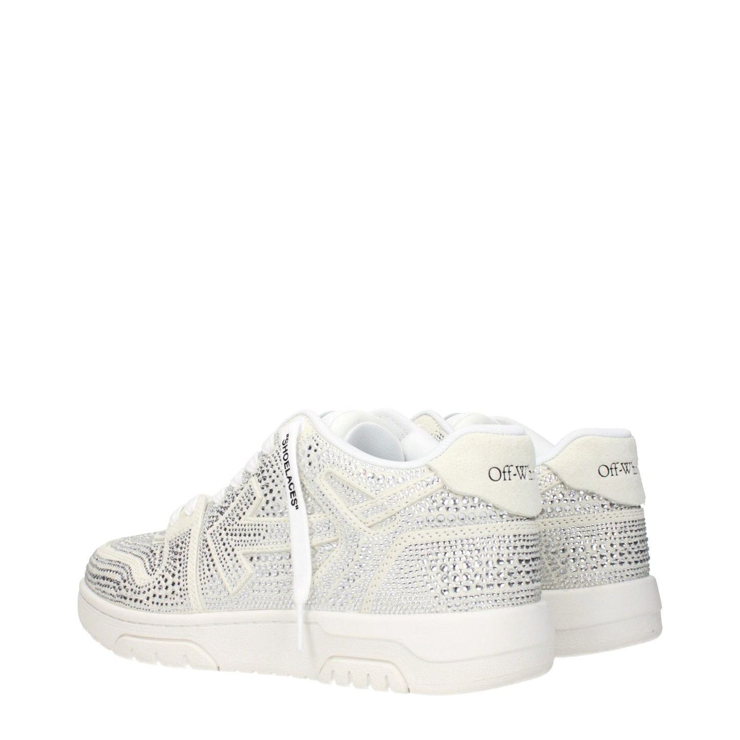 Off-White Beige Leather Low Top Sneakers with rhinestone design, featuring front, side, and back logos. MPN: OMIA189LEA0090172, Code: F84966.