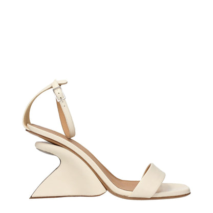 Side view of Off-White Beige Leather Platform Sandals with ankle strap and unique platform design, featuring a vintage effect.