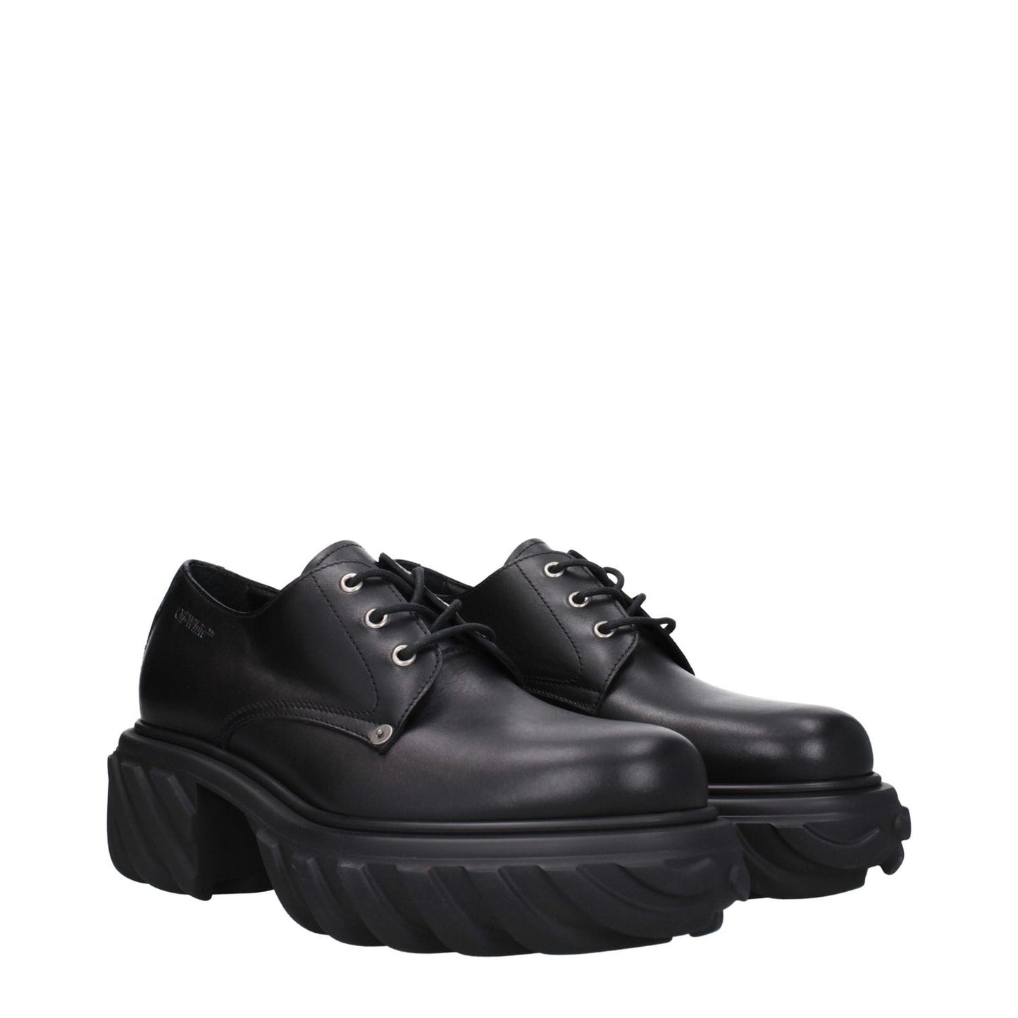 Off-White Black Leather Oxfords And Derbies with rubber sole and logos, lace-up design. Casual styling, mid heel, round toe.