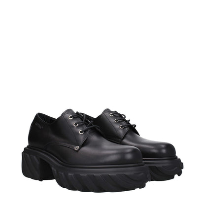 Off-White Black Leather Oxfords And Derbies with rubber sole and logos, lace-up design. Casual styling, mid heel, round toe.