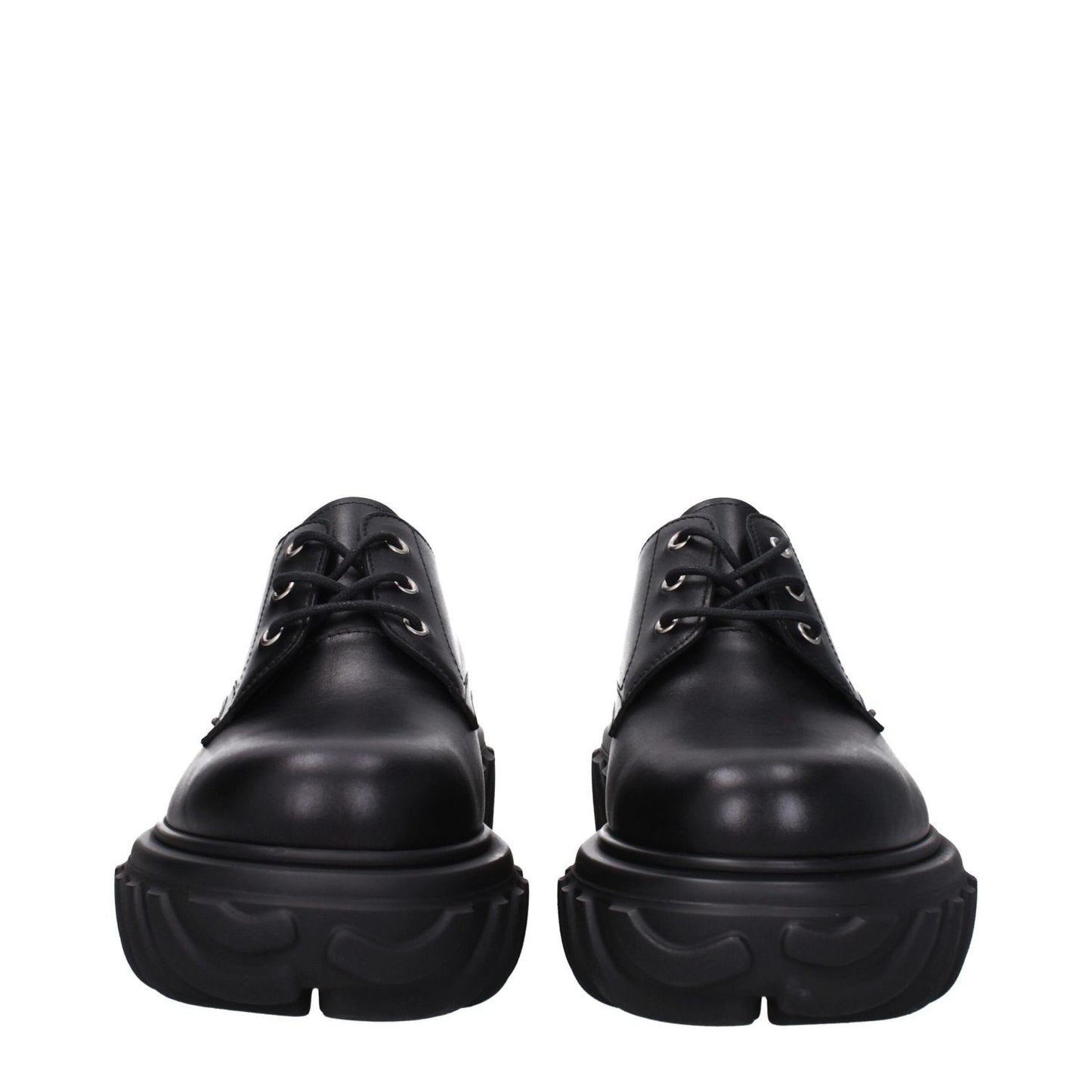 Off-White Black Leather Oxfords And Derbies with lace-up design, rubber sole, mid heels, side logos.
