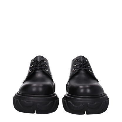 Off-White Black Leather Oxfords And Derbies with lace-up design, rubber sole, mid heels, side logos.