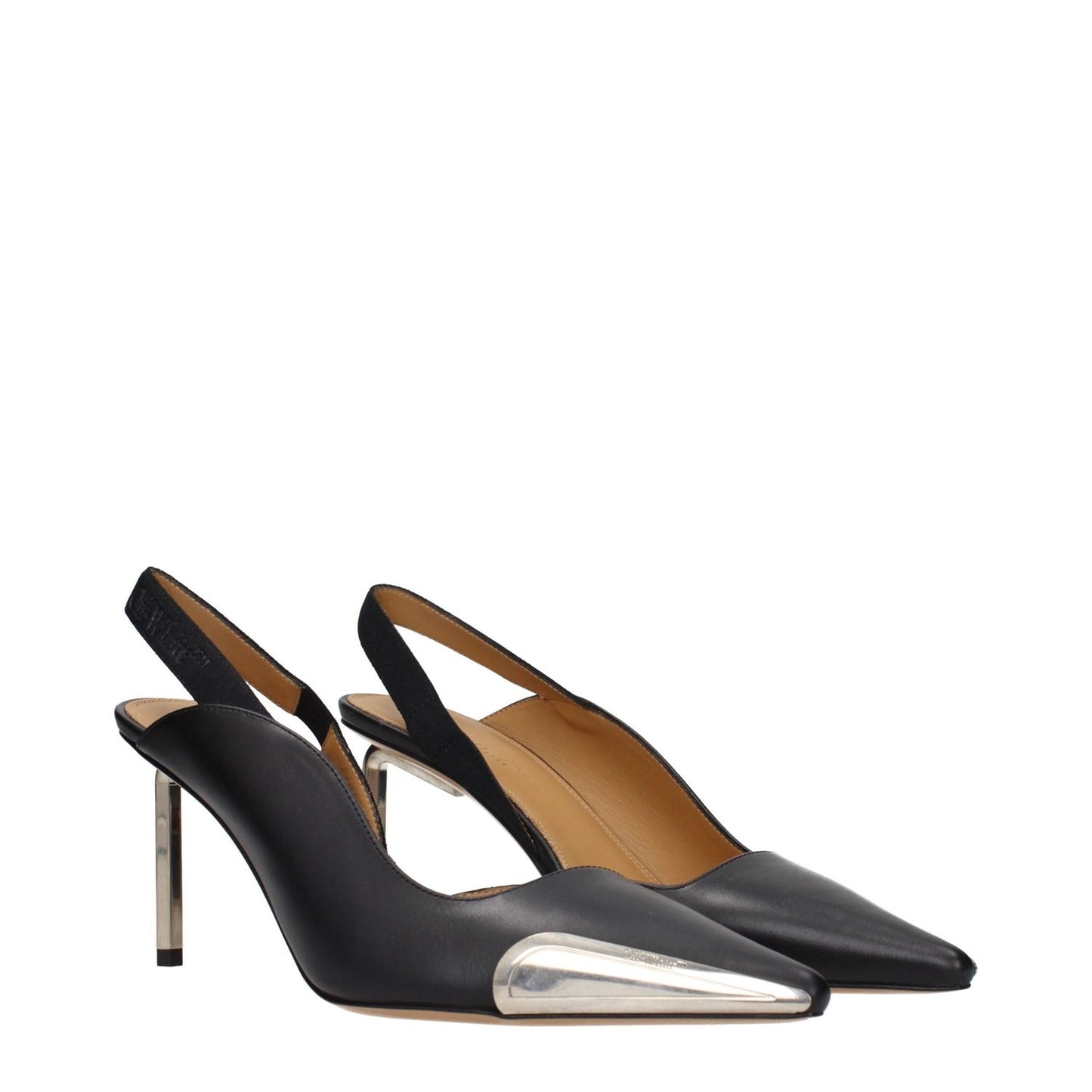 Off-White Black Leather Pumps with side logo and vintage effect, Product Code F84960, featuring slingback style and pointed toes.