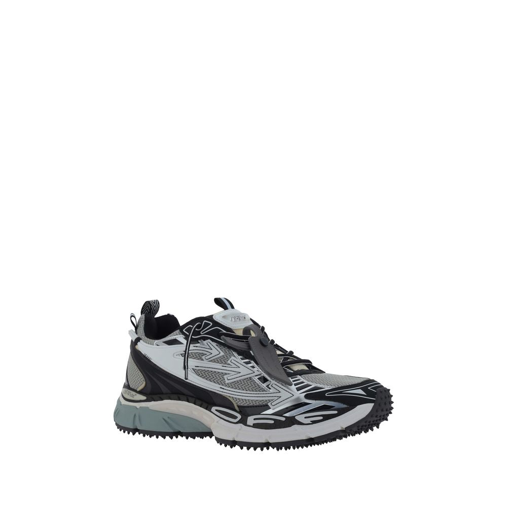 Off-White Gray Polyester Athletic Sneakers with mesh and rubberized leather, featuring iconic zip tie and monogram print for streetwear style.