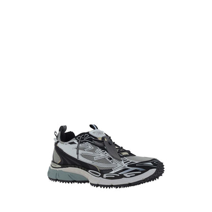 Off-White Gray Polyester Athletic Sneakers with mesh and rubberized leather, featuring iconic zip tie and monogram print for streetwear style.