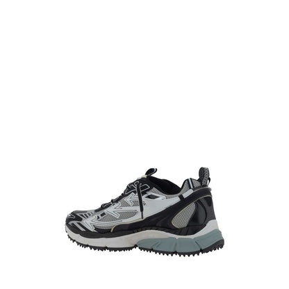 Off-White Gray Polyester Athletic Sneakers featuring mesh and rubberized leather design with zip tie and monogram accents, side view.
