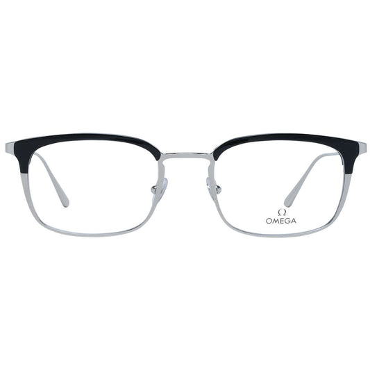 Omega Black Men Glasses Frame with full-rim rectangle style, acetate and metal construction, demo lenses, black color, size 53-21-145.