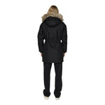 Back view of Only Black Polyester Parka with faux fur hood, perfect for winter protection and style, made from 100% polyester.