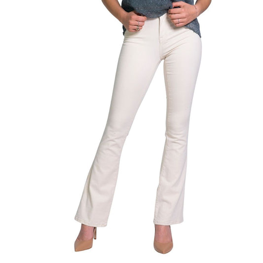 Woman wearing Only Cream Cotton Bootcut Jean with flared design for a chic look, made with 92% cotton and 8% elastane for comfort.