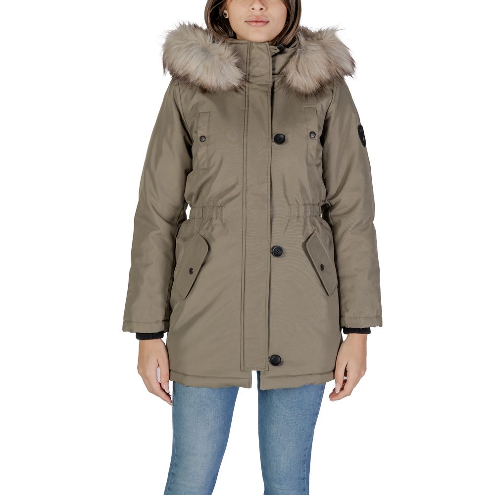 Woman wearing Only Green Polyester Parka with faux fur hood, ideal for winter.