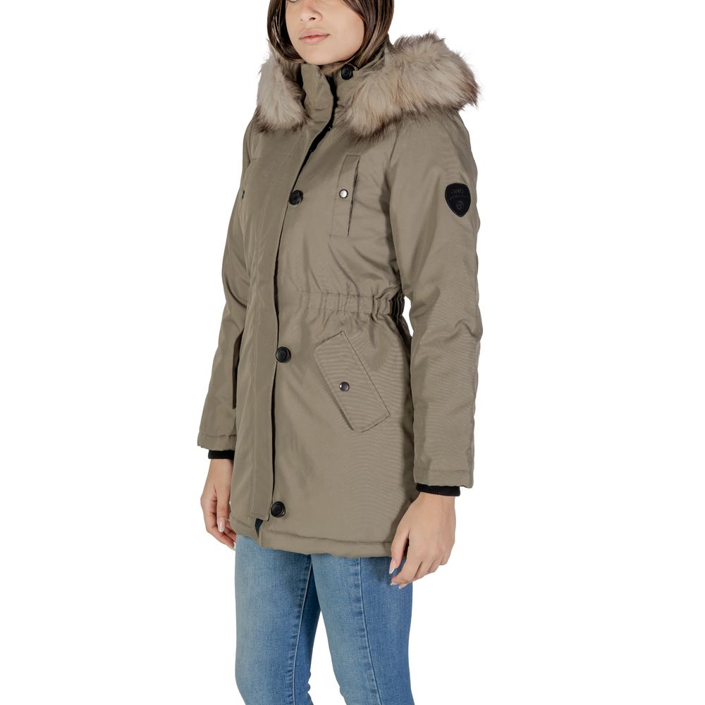 Only Green Polyester Parka with faux fur hood, offering cold weather protection and modern design for winter wear.