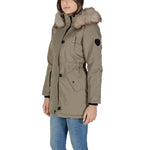 Only Green Polyester Parka with faux fur hood, offering cold weather protection and modern design for winter wear.