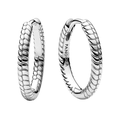 Stylish PANDORA JEWELRY Mod. 292728C00 silver hoop earrings with textured design and logo engraving