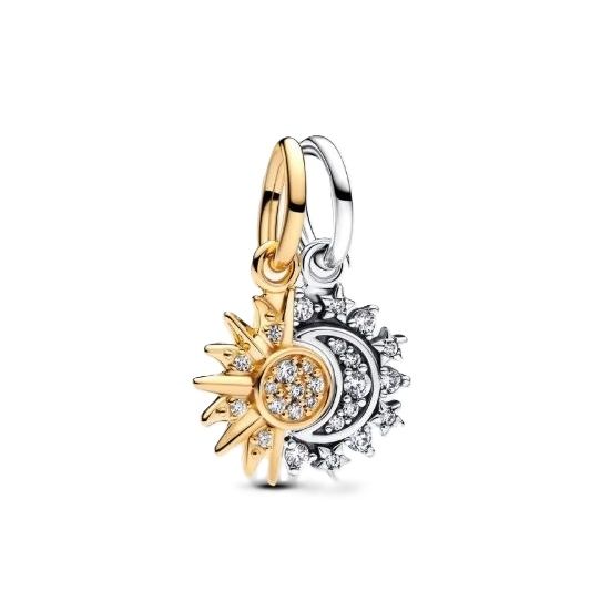 PANDORA JEWELRY Mod. 763585C01 silver lady charm, made in Thailand, featuring sun and moon design in Official Box.