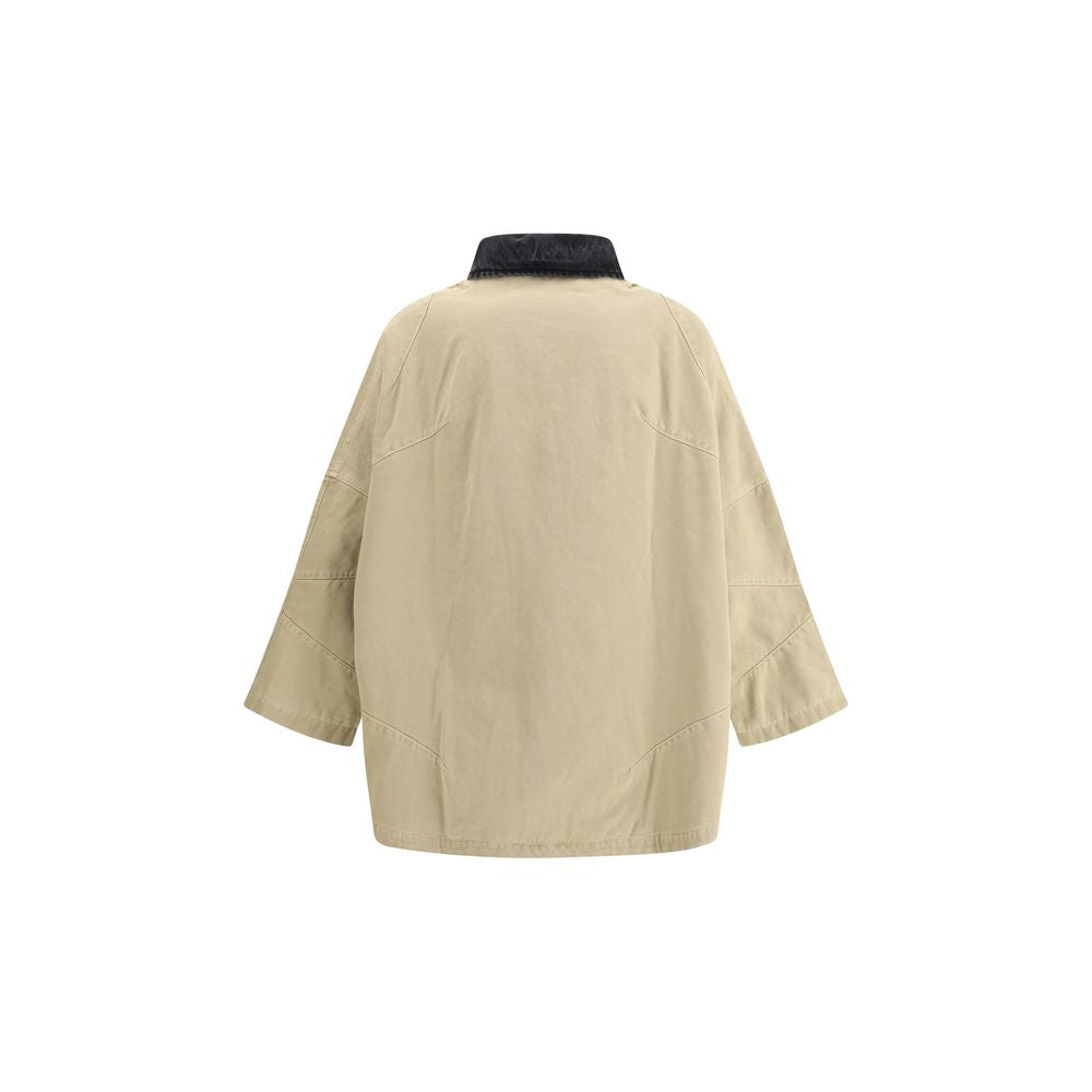Back view of PDF Channel Oversized cotton Jacket with contrasting denim collar and asymmetrical hem, featuring side welt pockets.