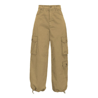 PINKO Beige Cotton Women Cargo Pant with seven-pocket design, button zipper closure, and lightweight gabardine fabric for comfort and style.
