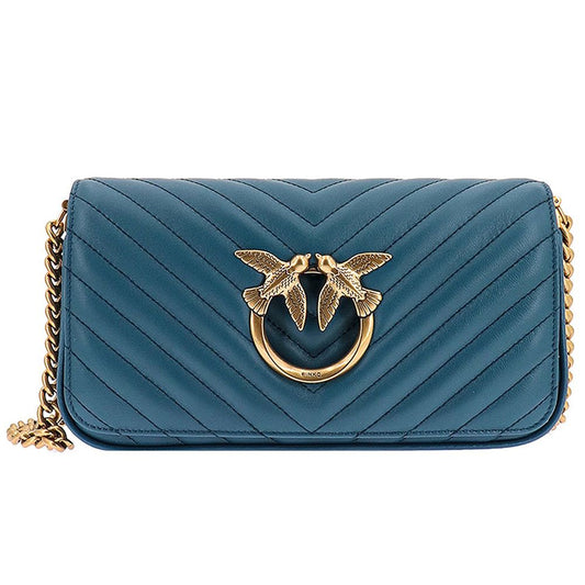 PINKO Blue Calfskin Women Crossbody Bag with bird detail and matelassé design