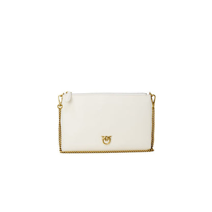 PINKO Cream Leather Clutch Bag with gold-tone chain strap and iconic logo, showcasing refined minimalist design and luxurious texture.