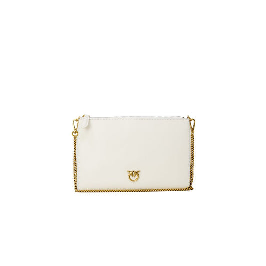 PINKO Cream Leather Clutch Bag with gold-tone chain strap and iconic logo, showcasing refined minimalist design and luxurious texture.