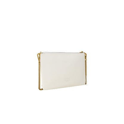 PINKO Cream Leather Clutch Bag with gold chain strap, featuring iconic logo, offering a refined look with high-quality leather texture.
