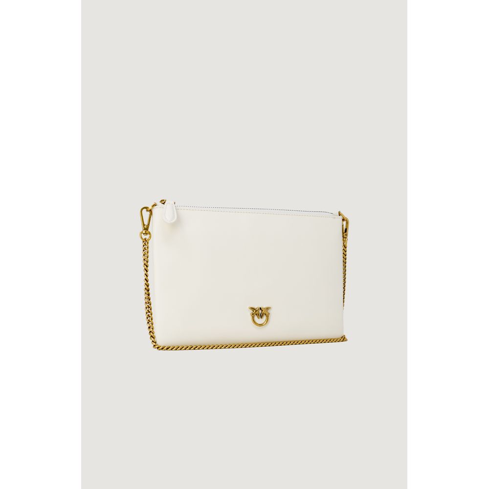 PINKO Cream Leather Clutch Bag with gold chain strap and logo, perfect sophisticated accessory, high-quality leather, silky texture.