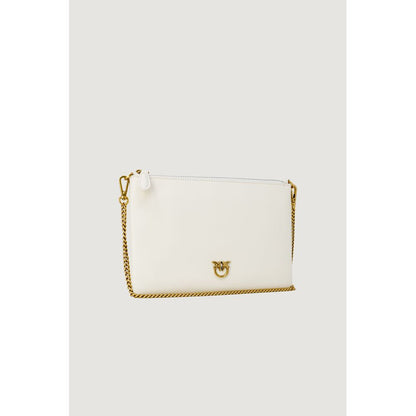 PINKO Cream Leather Clutch Bag with gold chain strap and logo, perfect sophisticated accessory, high-quality leather, silky texture.